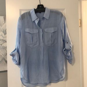Ann Taylor linen pullover top, half button up.